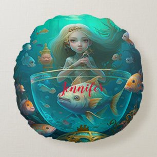 Mermaid swimming with fish custom   round cushion