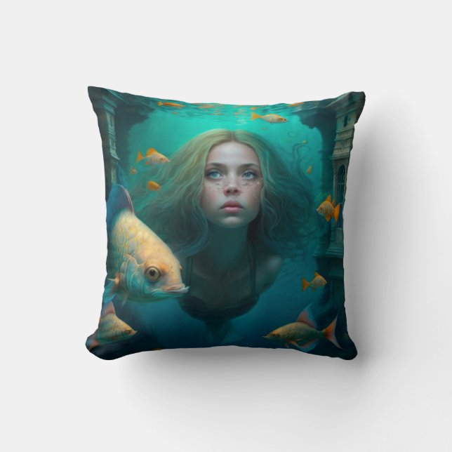 Mermaid swimming with fish  cute throw pillow (Front)
