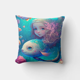 Mermaid swimming with fish cute throw pillow
