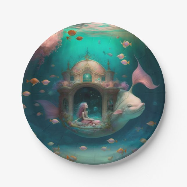 Mermaid swimming with fish  cute wall clock paper  paper plate (Front)