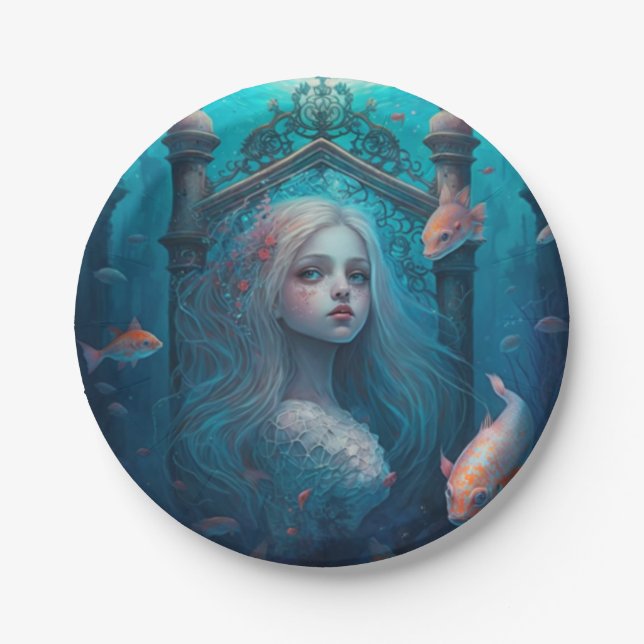 Mermaid swimming with fish  cute wall clock paper  plate (Front)