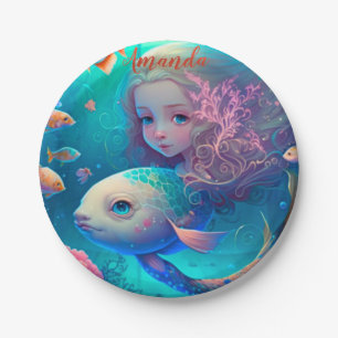 Mermaid swimming with fish cute wall clock paper plate
