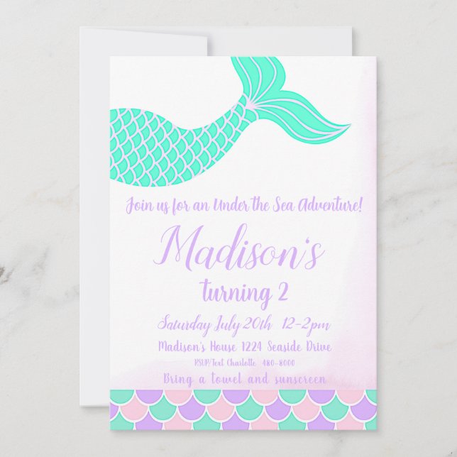 Mermaid Tail 2nd Birthday            Invitation (Front)