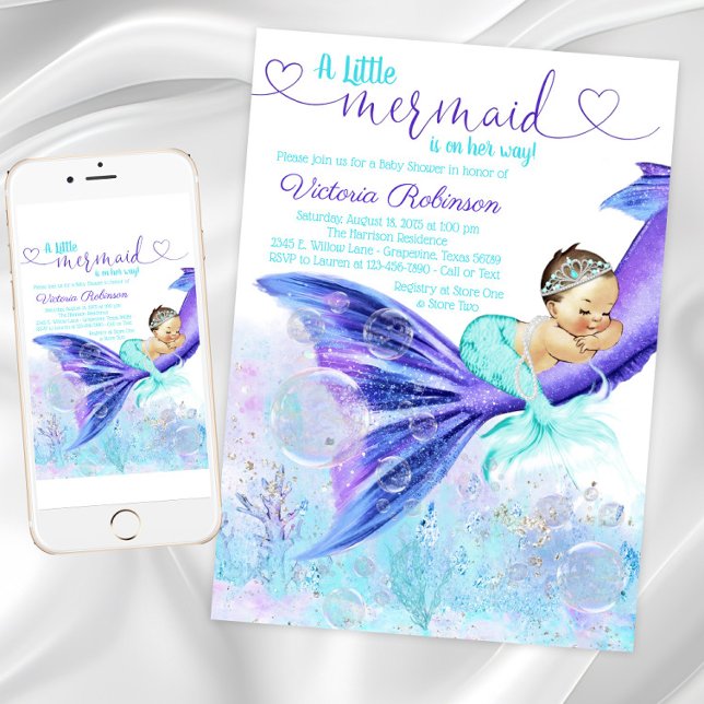 Mermaid Tail Baby Shower Brunette Mermaid Invitation (Pretty mermaid baby shower invitation. Instant download and printed invitations available.)