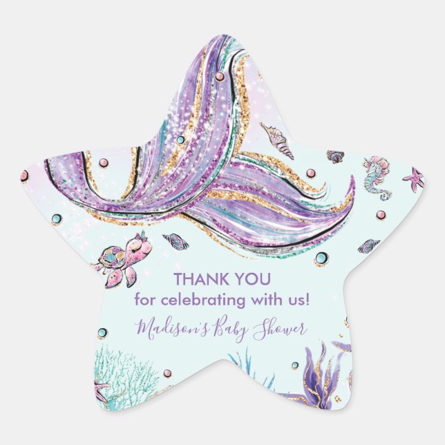 Mermaid Tail Birthday Baby Shower Thank You Favour Star Sticker (Front)
