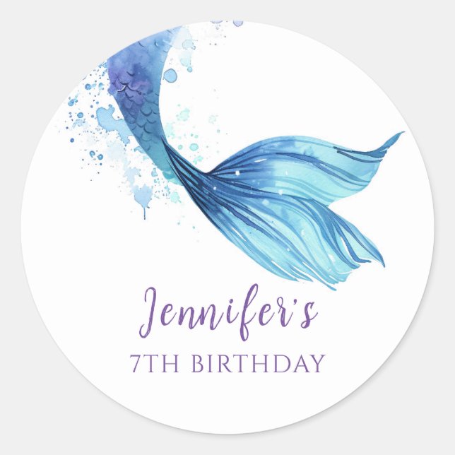 Mermaid Tail Birthday Under the Sea Purple Tones Classic Round Sticker (Front)
