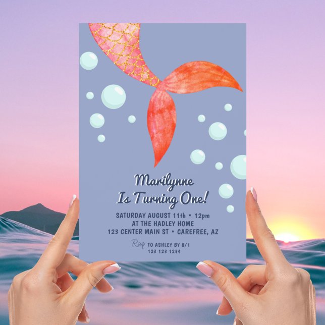 Mermaid Tail Blue 1st Birthday Invitation (Creator Uploaded)