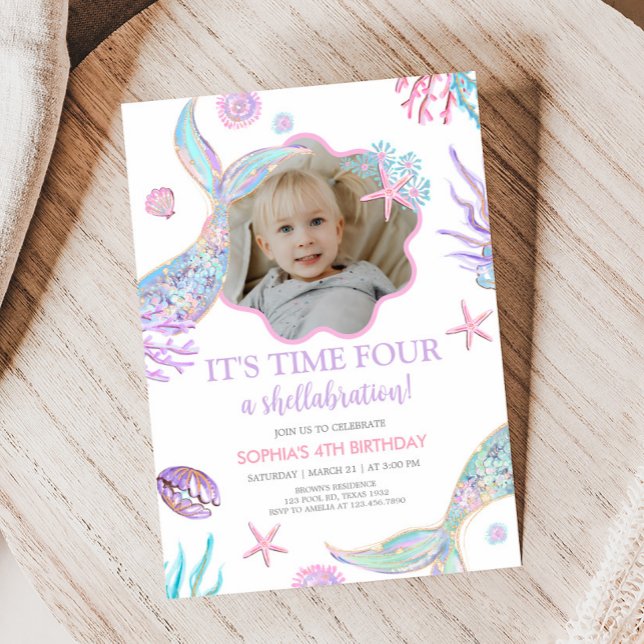 Mermaid Tail Fourth Birthday Party  Invitation (Mermaid Tail Birthday Party Invitation)