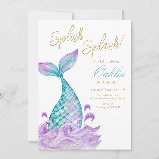 Mermaid Tail Girl Watercolor Birthday Party  Invitation (Front)