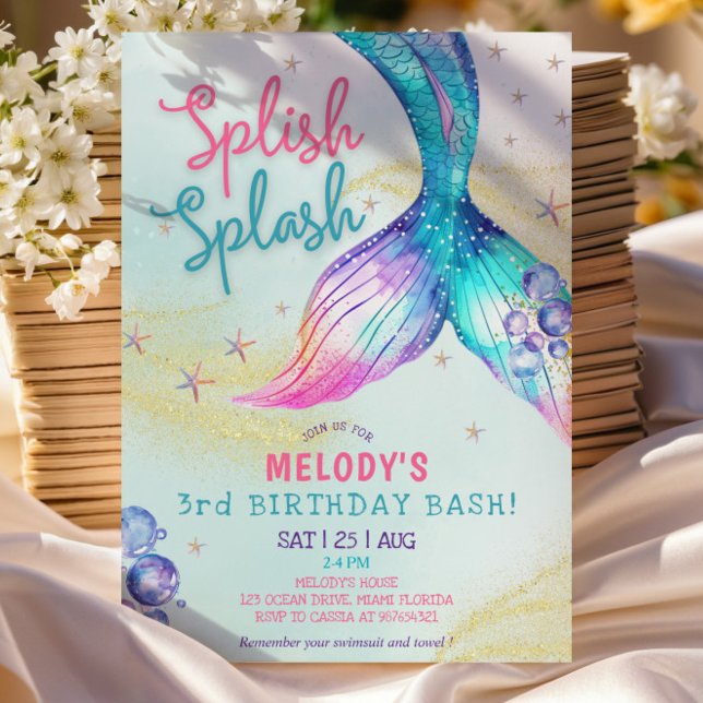 Mermaid Tail Glitter 3rd Birthday Invitation (Creator Uploaded)