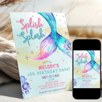 Mermaid Tail Glitter 6th Birthday Invitation