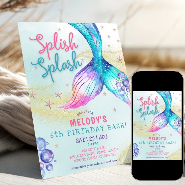 Mermaid Tail Glitter 6th Birthday Invitation (Creator Uploaded)