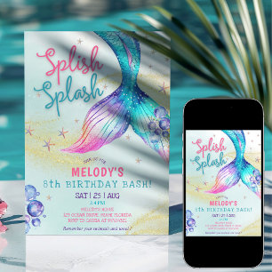 Mermaid Tail Glitter 8th Birthday Invitation