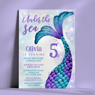 Mermaid Tail in Purple + Teal Watercolor Birthday Invitation