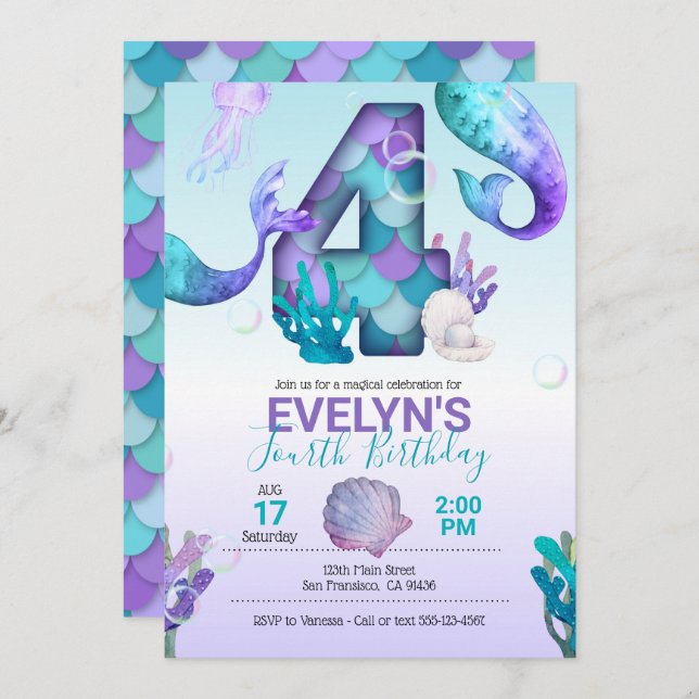 Mermaid Tail Mermaid Invitation for 4th Birthday (Front/Back)