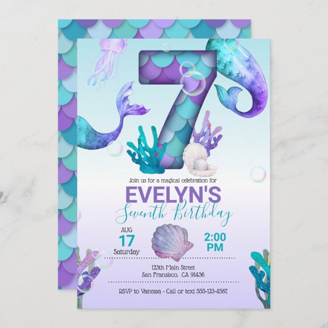 Mermaid Tail Mermaid Invitation for 7th Birthday (Front/Back)