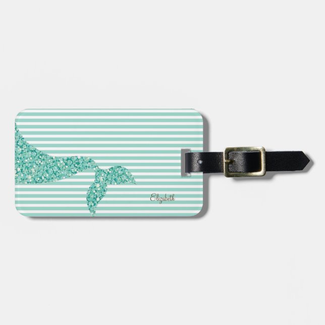 Mermaid Tail Mint White Stripes - Personalised Luggage Tag (Front Horizontal)