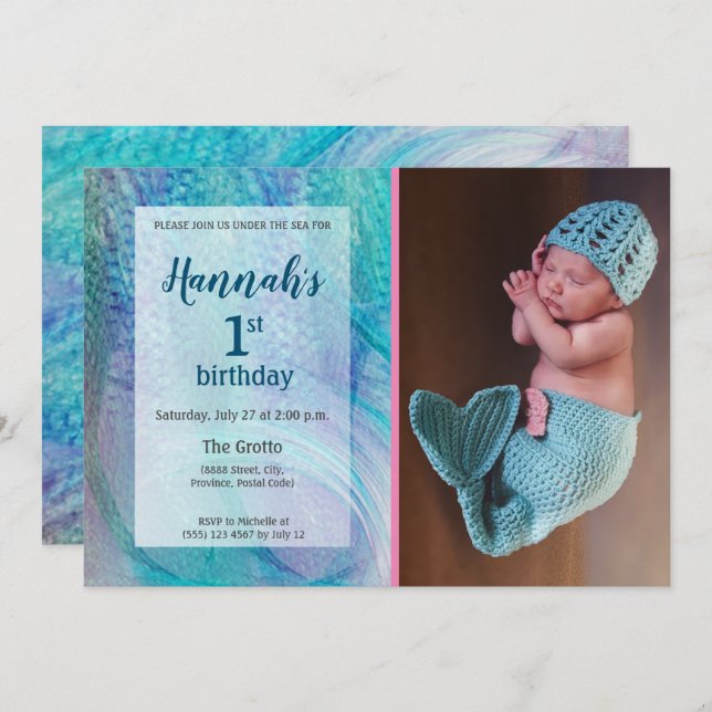 Mermaid Tail Pattern Baby Photo First birthday Invitation (Front/Back)