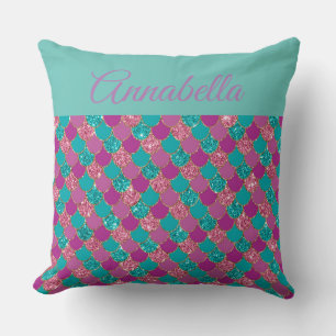 Mermaid Tail Pattern with Name on Teal Cushion