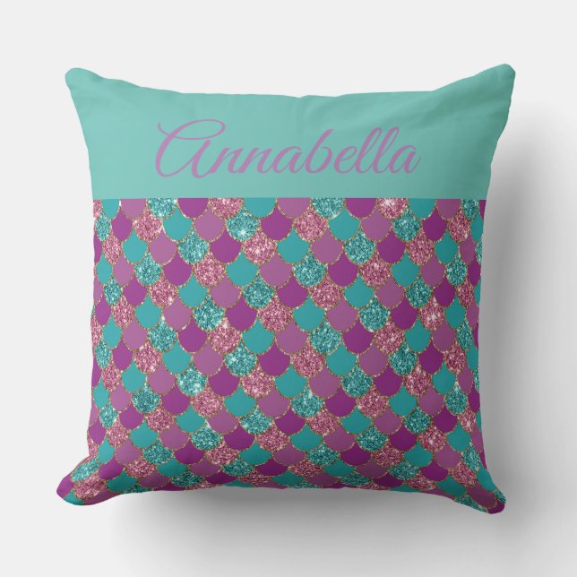Mermaid Tail Pattern with Name on Teal Cushion (Front)
