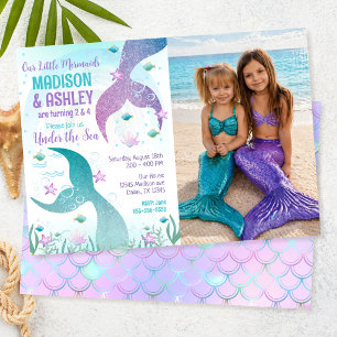 Mermaid Tail Photo Under the Sea Joint Birthday  Invitation