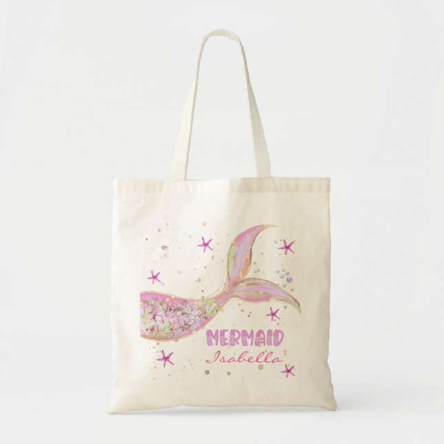 Mermaid Tail Pink and Gold Glitter Personalised Tote Bag (Front)