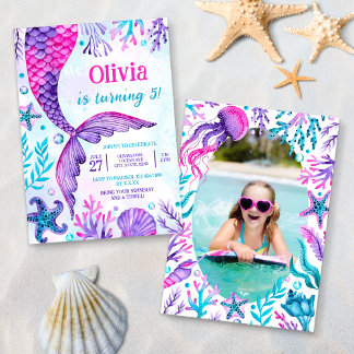 Mermaid Tail Pool Party Photo Birthday Watercolor Invitation