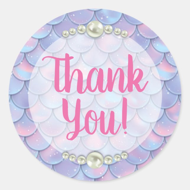 Mermaid Tail Scale & Pearl Pastel Thank You Classic Round Sticker (Front)