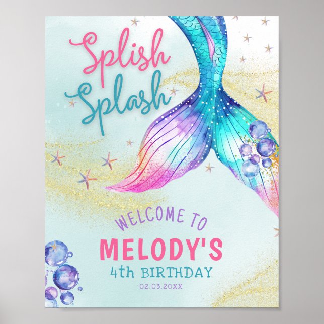 Mermaid Tail Splish Splash birthday Welcome Poster (Front)