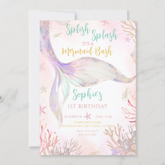 Mermaid Tail Splish Splash Pink Purple Birthday Invitation
