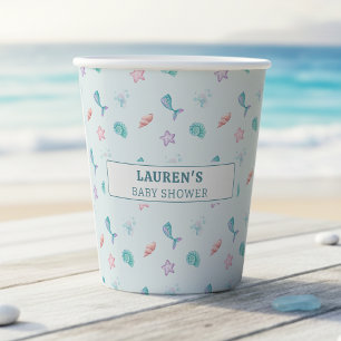 Mermaid Tail Starfish Seashell Pattern Blue Paper Cups