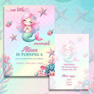 Mermaid Tail Teal Pink Girly Birthday Invitation