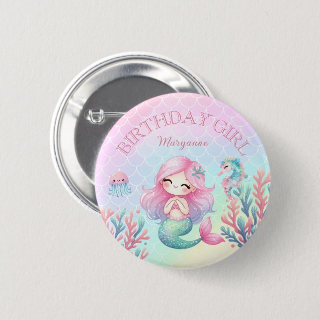 Mermaid Tail Teal Pink Girly Birthday Party 6 Cm Round Badge (Front & Back)