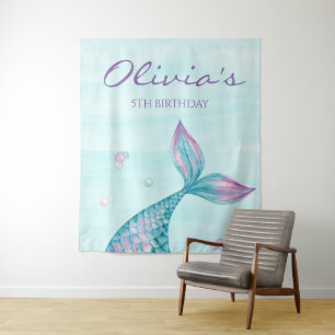 Mermaid Tail Under the Sea Birthday Banner Tapestry
