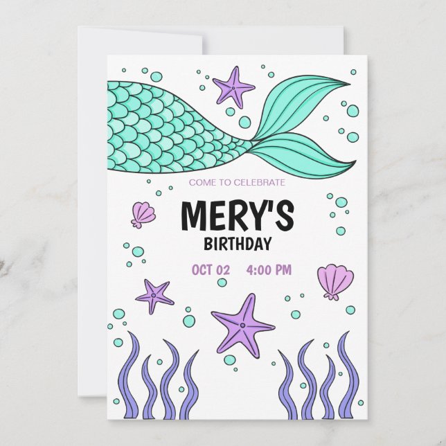 Mermaid Tail, Under the sea Birthday Invitation (Front)