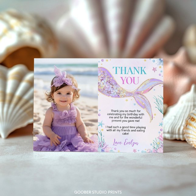 Mermaid Tail Under the Sea Birthday Photo Thank You Card (Creator Uploaded)