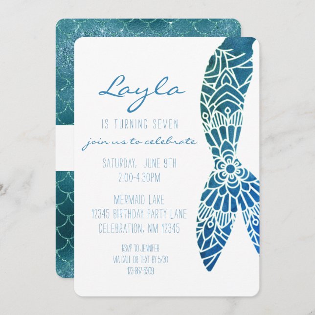 Mermaid Tail Under the Sea Girl Birthday Invitatio Invitation (Front/Back)