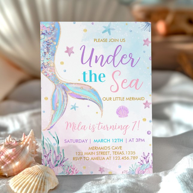 Mermaid Tail Under the Sea Girl Birthday Invitation (Creator Uploaded)