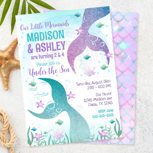 Mermaid Tail Under the Sea Girls Joint Birthday Invitation