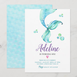 Mermaid Tail Under the Sea Watercolor Birthday  Invitation