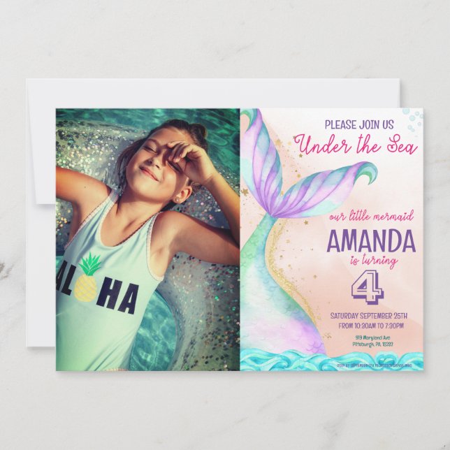 Mermaid tail Watercolor Birthday Under the Sea Invitation (Front)
