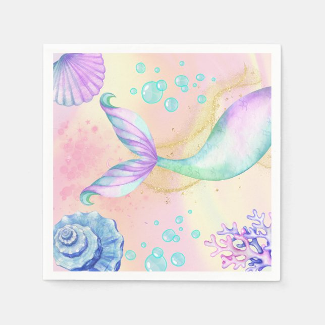Mermaid tail Watercolor Birthday Under the Sea Napkin (Front)