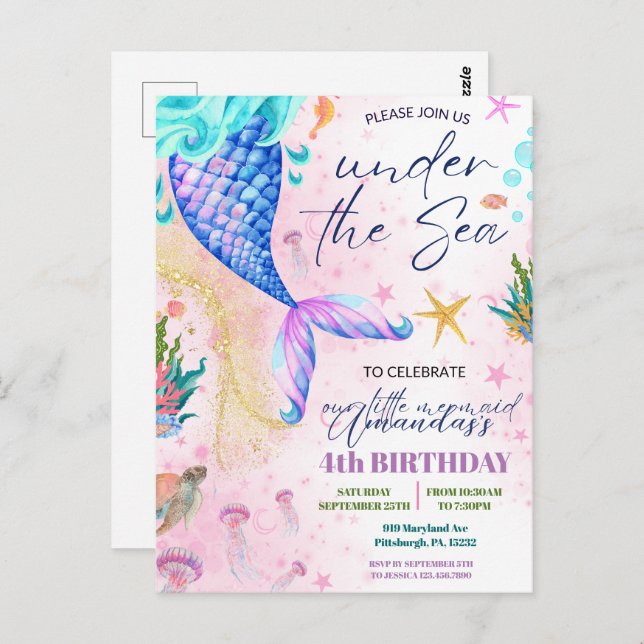 Mermaid tail Watercolor Birthday Under the Sea Postcard (Front/Back)