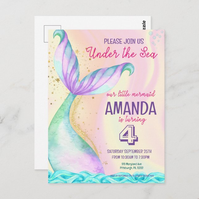 Mermaid tail Watercolor Birthday Under the Sea Postcard (Front/Back)