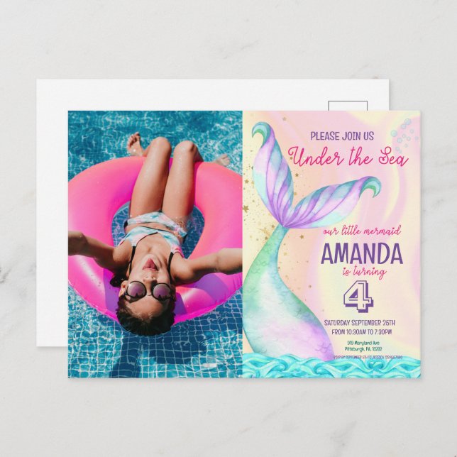 Mermaid tail Watercolor Birthday Under the Sea Postcard (Front/Back)