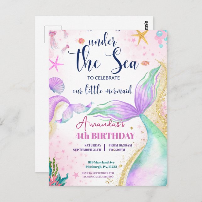 Mermaid tail Watercolor Birthday Under the Sea Postcard (Front/Back)