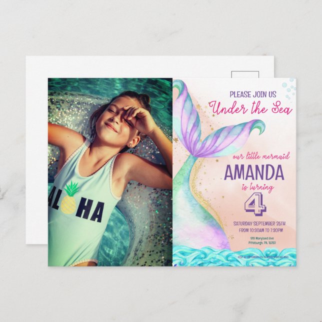 Mermaid tail Watercolor Birthday Under the Sea Postcard (Front/Back)