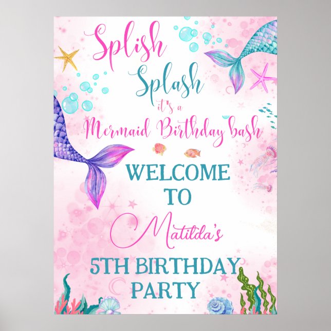 Mermaid tail Watercolor Birthday Under the Sea Poster (Front)