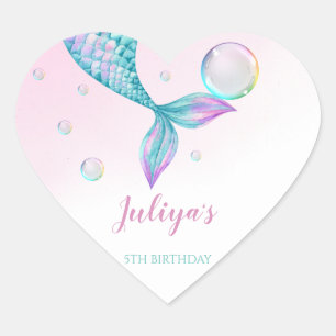 Mermaid Tail with bubbles Birthday Heart Sticker