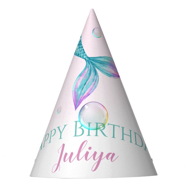 Mermaid Tail with bubbles Birthday  Party Hat (Front)